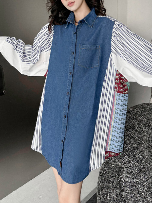 Buttoned Contrast Color Pockets Split-Joint Striped Long Sleeves Loose Lapel Blouses&Shirts Tops