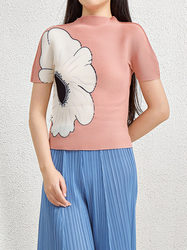 Flower Print Pleated Short Sleeves Mock Neck T-Shirts Tops