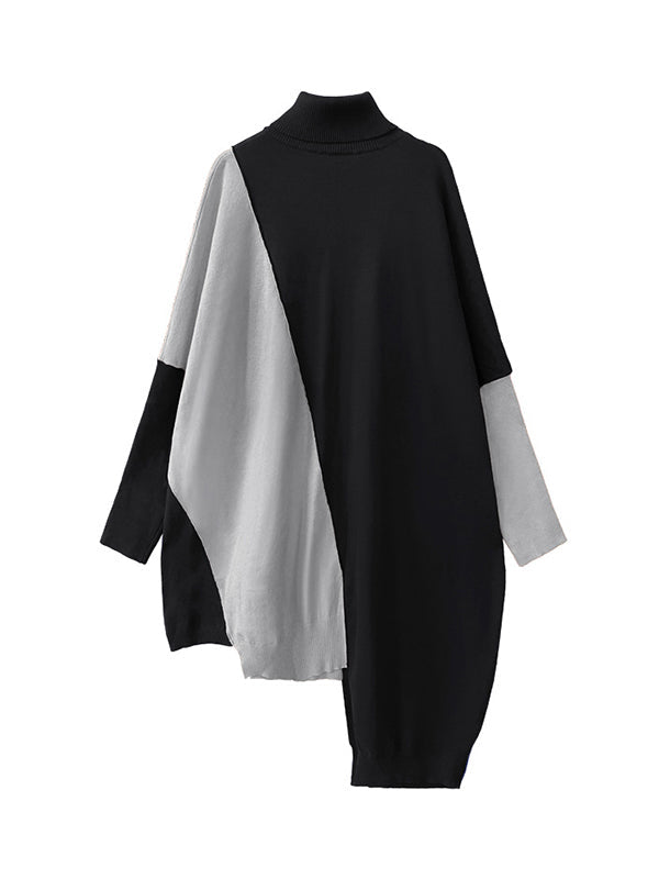 Asymmetric Contrast Color Split-Joint Batwing Sleeves Long Sleeves High Neck Sweater Dresses Midi Dresses