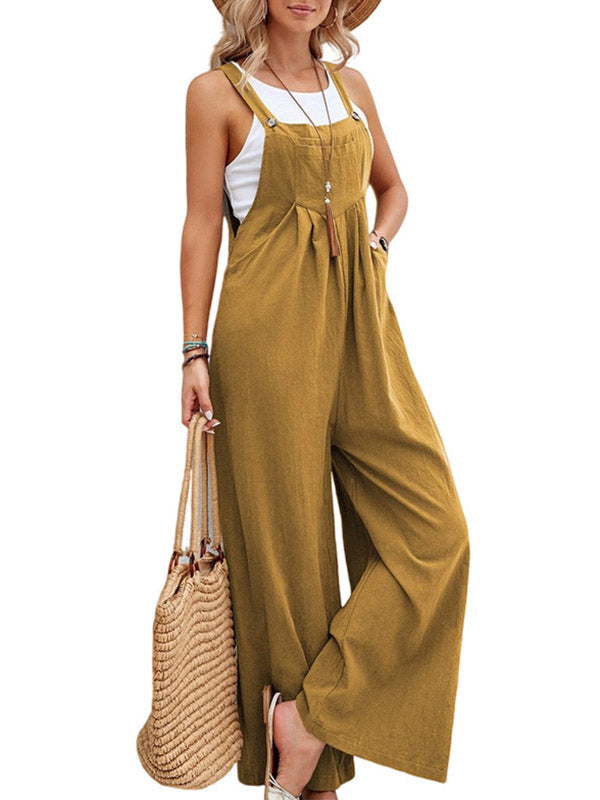 Pleated Split-Joint Loose Plus Size Square-neck Overalls