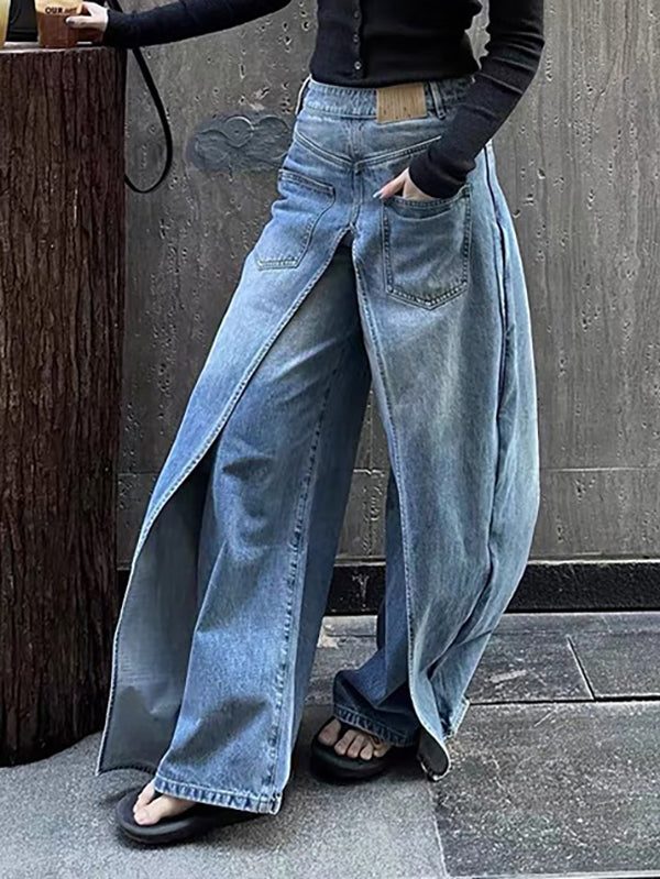 Pockets Reversible False Two Wide Leg Jean Pants Bottoms