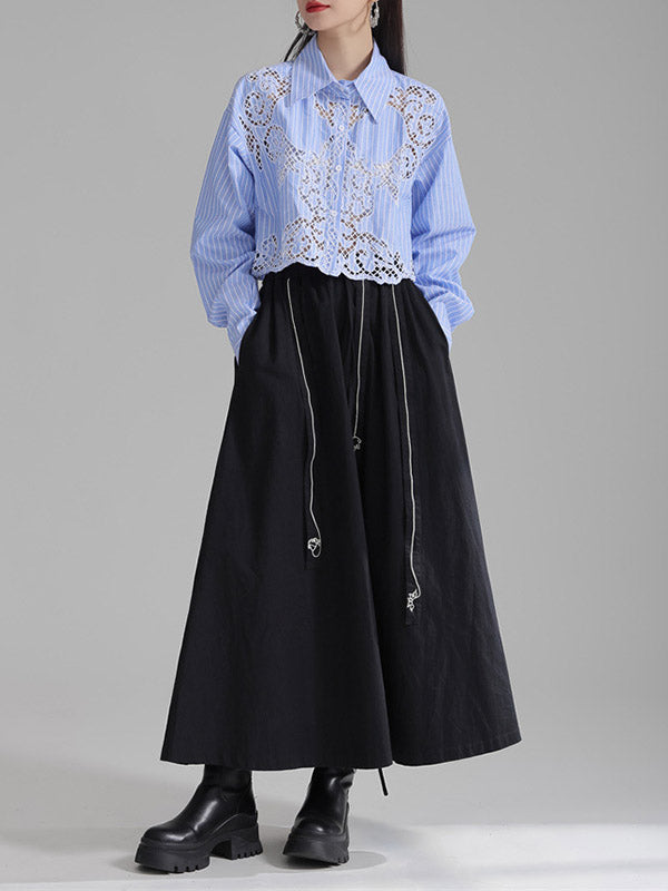 Buttoned Hollow Solid Color Long Sleeves Loose Lapel Blouses&Shirts Tops