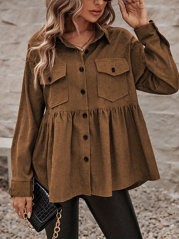Buttoned Pleated Pockets Solid Color Split-Joint A-Line Long Sleeves Lapel Outerwear