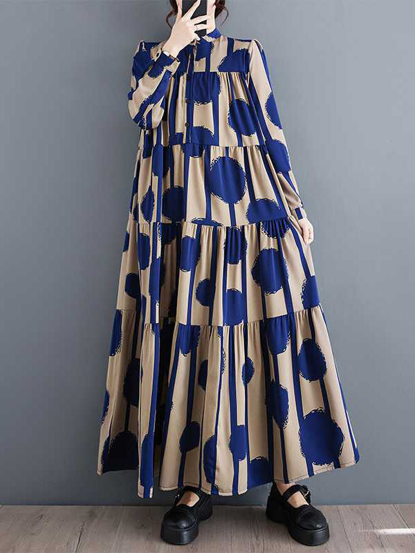 Buttoned Pleated Polka-Dot Split-Joint A-Line Long Sleeves Stand Collar Shirt Dress Maxi Dresses