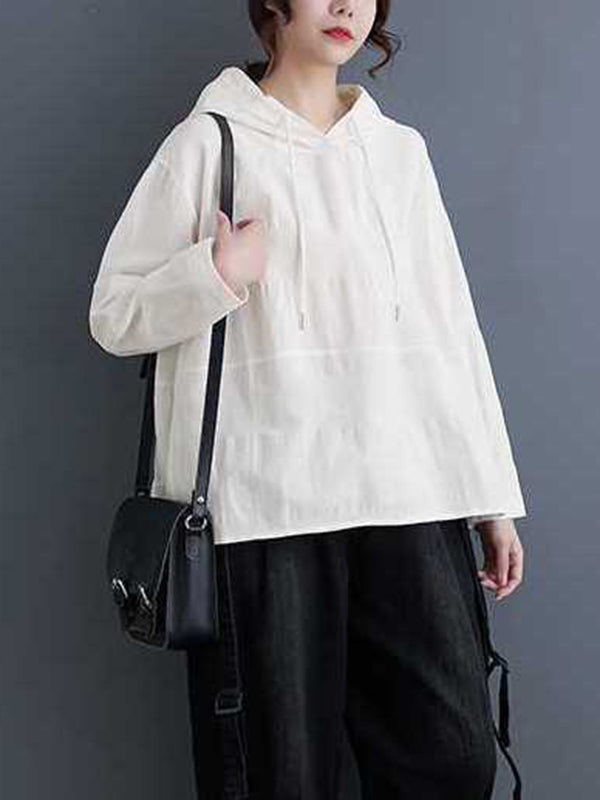 Drawstring Hooded Solid Color Split-Joint Long Sleeves Loose Round-Neck Hoodies Tops