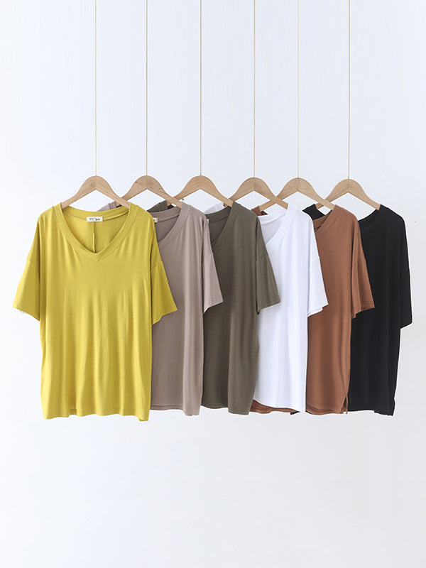 Solid Color Split-Joint Loose Short Sleeves V-neck T-Shirts Tops