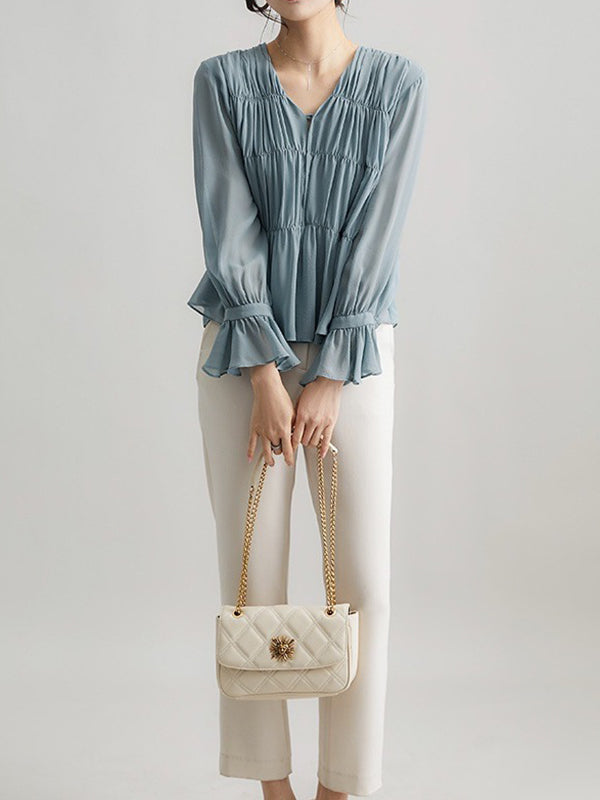 Pleated Solid Color Split-Front Flared Sleeves Long Sleeves V-Neck Blouses&Shirts Tops