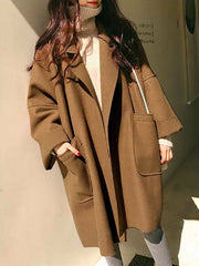 Buttoned Pockets Solid Color Split-Joint Long Sleeves Loose Notched Collar Woolen Coat