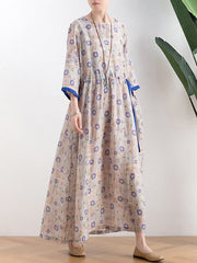 Original Floral Round-Neck Elasticity Waist Midi Dress