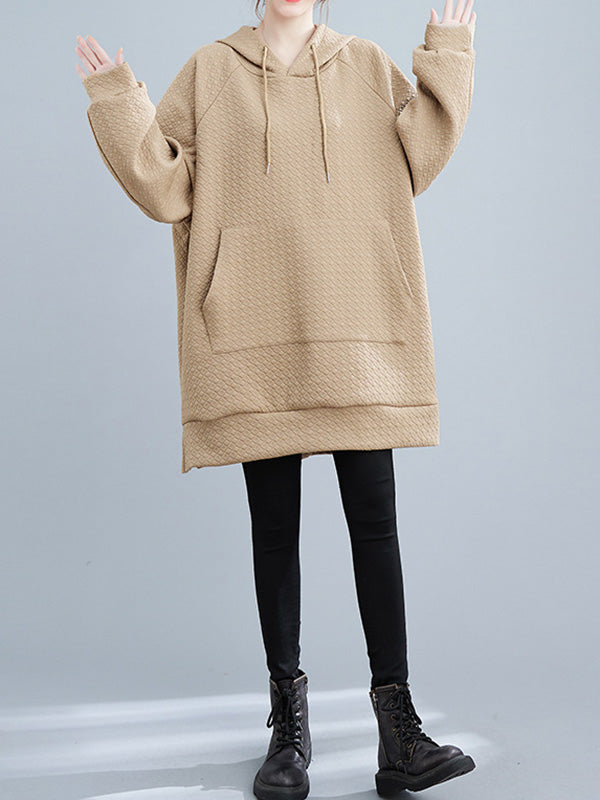 Buttoned Drawstring Pockets Solid Color Split-side High-low Long Sleeves Hooded Hoodies Tops