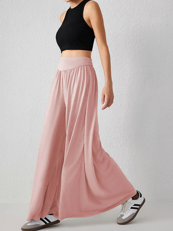 Pleated Pockets Solid Color Split-Joint High Waisted Loose Trousers Pants