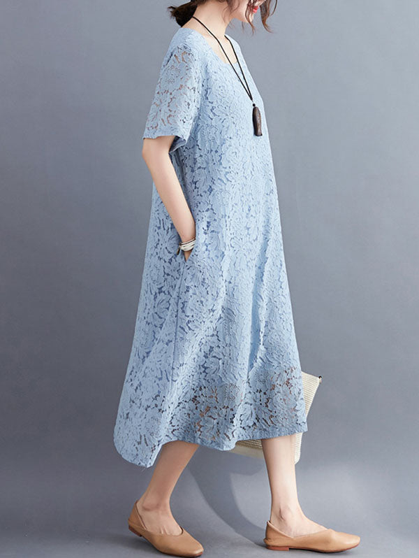 Embroidered Hollow Solid Dress