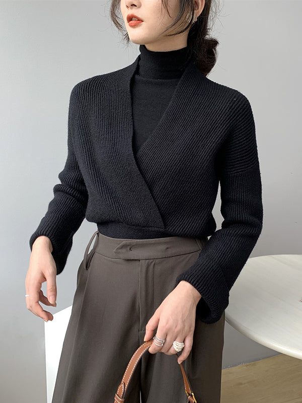 Asymmetric Solid Color Long Sleeves V-Neck Sweater Pullovers Knitwear