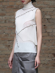 Asymmetric Color-Block Pleated Split-Joint Skinny Sleeveless High-Neck Vest Top