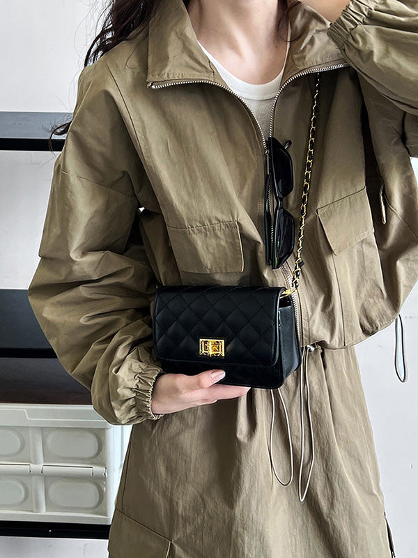 Solid Color Zipper Long Sleeves Loose Drawstring Elasticity Pockets Stand Collar Jacket Top + Split-Back Skirts Bottom Two Pieces Set