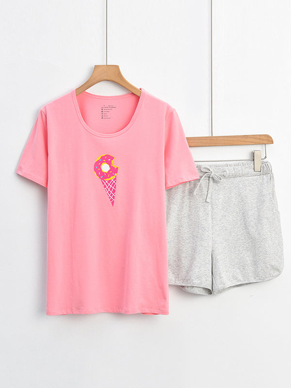 Contrast Color Printed Short Sleeves Round-neck Two Pieces Pajama Set