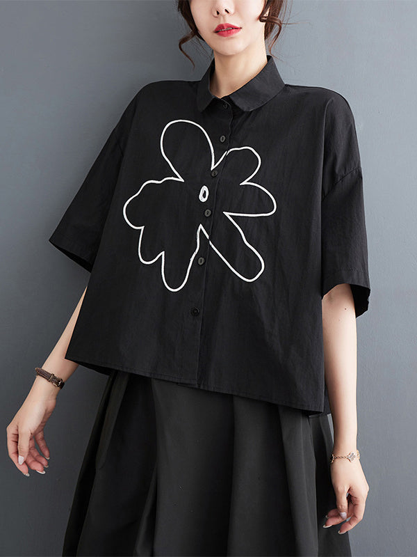 Floral Printed Loose Short Sleeves Lapel Blouses