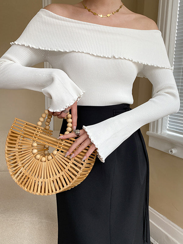 Falbala Solid Color Long Sleeves Skinny Off-the-shoulder Sweater Tops