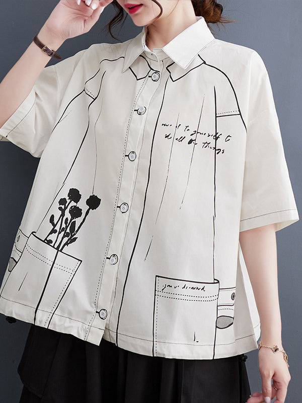 Contrast Color Printed Split-Joint Loose Short Sleeves Lapel Blouses
