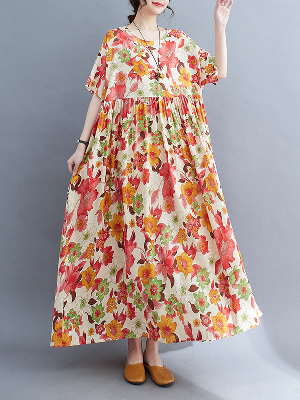 Pleated Printed Split-Joint Loose Short Sleeves Round-Neck Midi Dresses