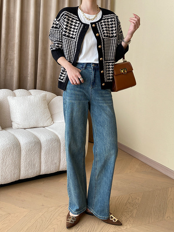 Long Sleeves Loose Contrast Color Houndstooth Split-Joint Round-Neck Cardigan Tops