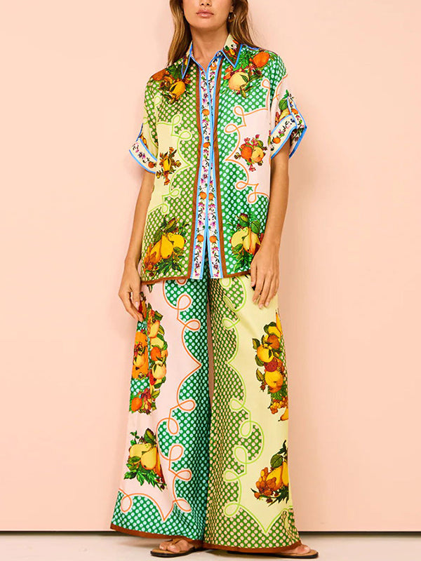 Contrast Color Floral Printed Loose Short Sleeves Lapel Shirt Top&Pants Two Pieces Set