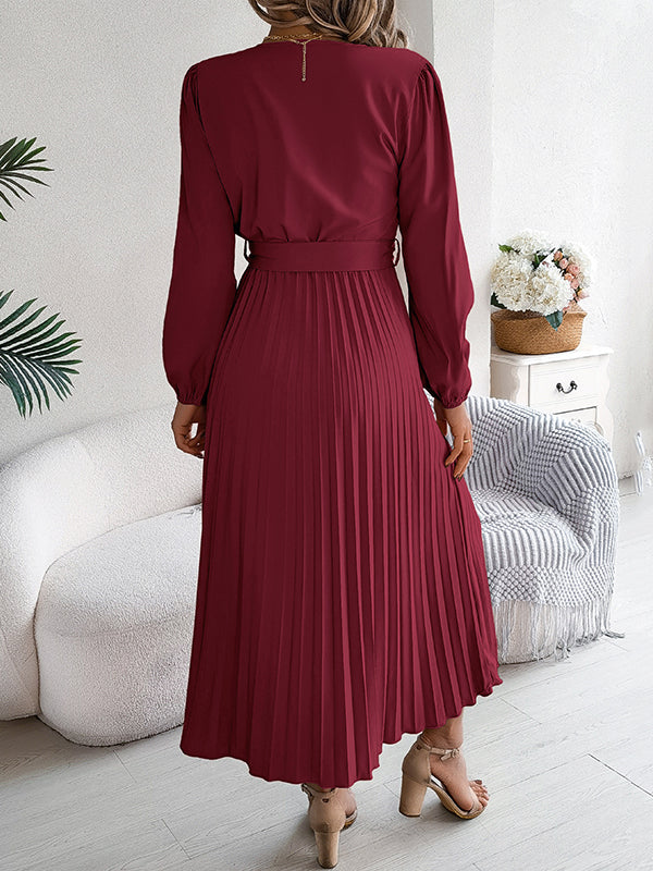 Belted Buttoned Pleated Solid Color High Waisted Long Sleeves V-Neck Maxi Dresses