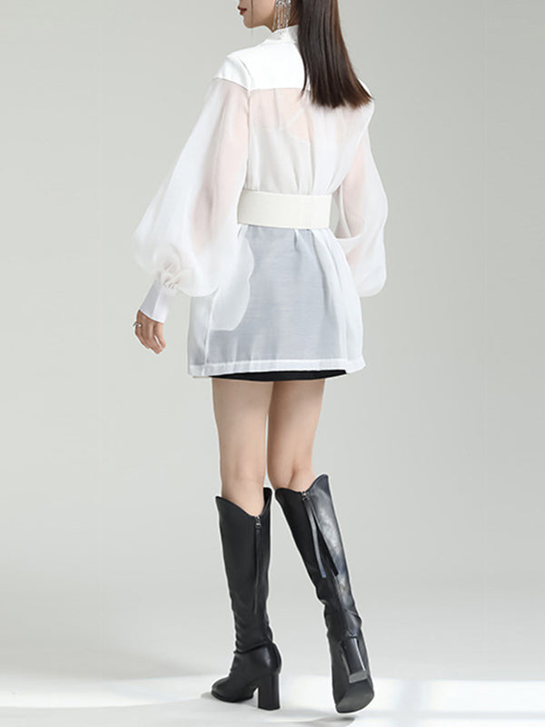 See-Through Split-Joint Tied Waist Loose Puff Sleeves Lapel Blouses&Shirts Tops
