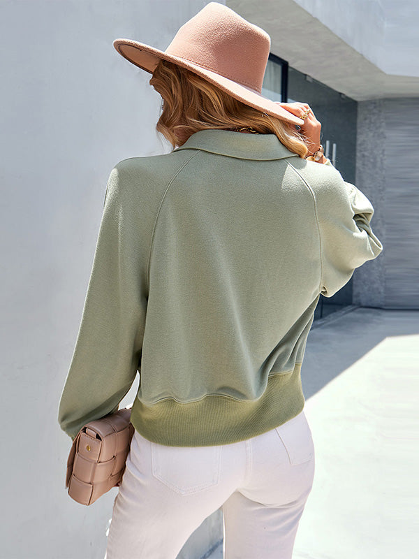 Simple Long Sleeves Loose Buttoned Solid Color Lapel Collar Hoodies&Sweatshirt Tops