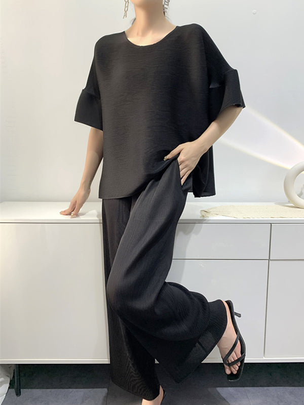 Elastics Pleated Solid Color Short Sleeves Wide Leg Round-neck Two Pieces Set