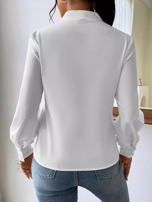 Pleated Solid Color Split-Joint Long Sleeves Loose V-Neck Blouses&Shirts Tops