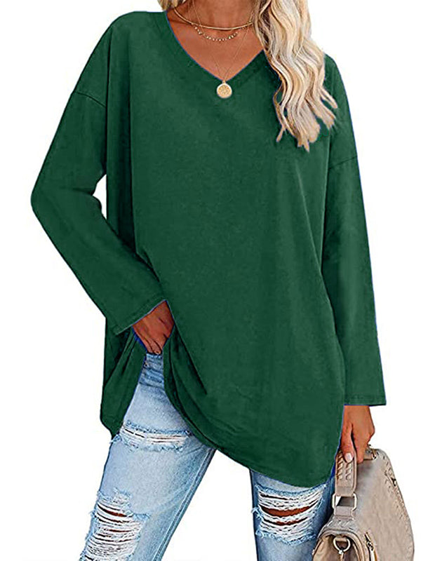 See-Through Solid Color Split-Joint Long Sleeves Loose V-neck T-shirts