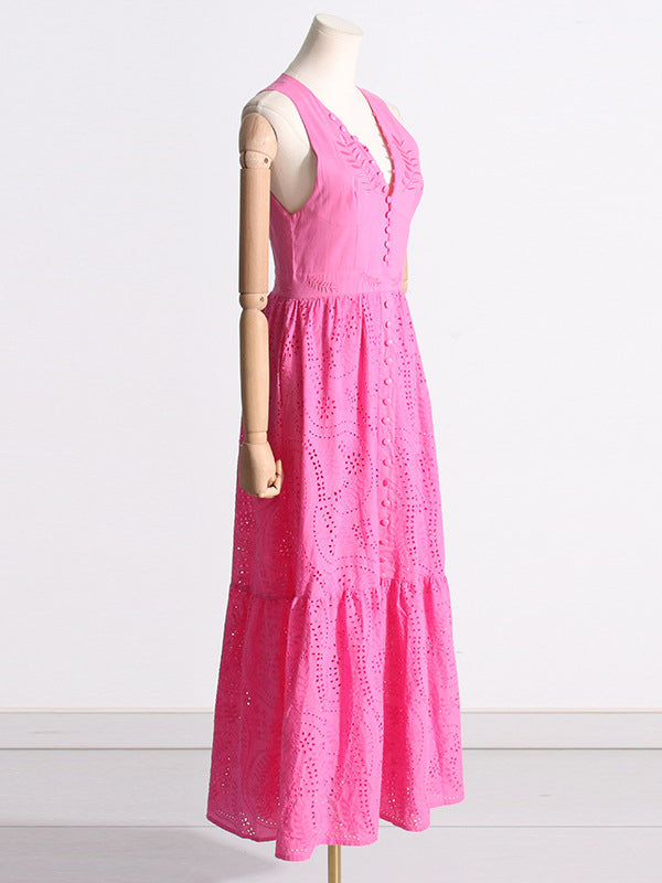 Buttoned Crochet Embroidered Hollow Solid Color Zipper High Waisted Sleeveless Deep V-Neck Maxi Dresses
