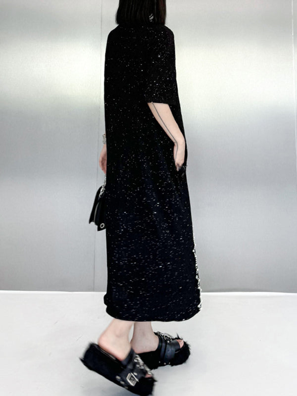 Asymmetric Beaded Shiny Split-Joint Loose Short Sleeves Round-neck Midi Dresses