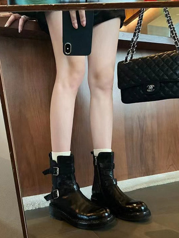 Belt Buckle Round-Toe Split-Joint Zipper Boots