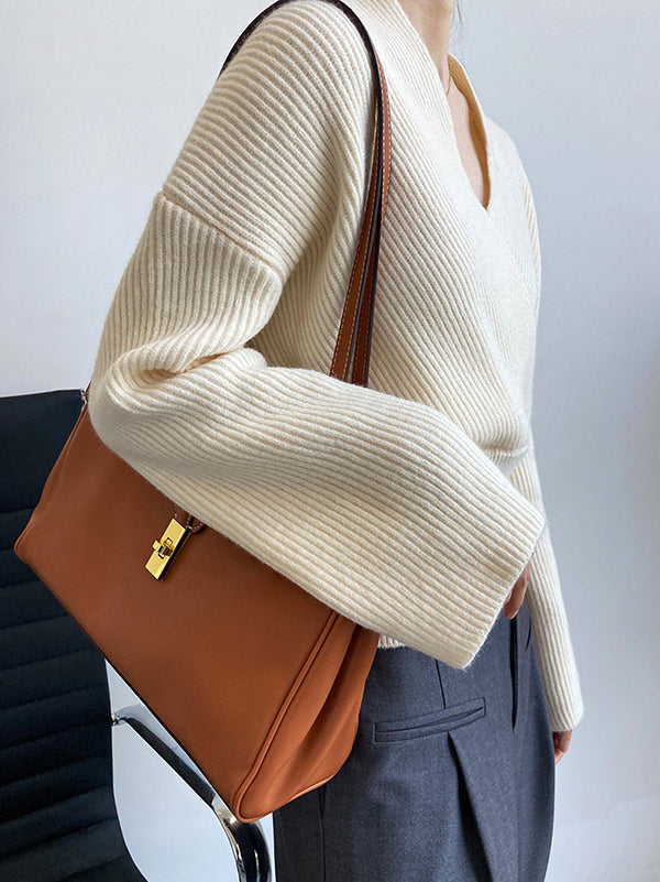 Casual Long Sleeves Loose Solid Color Cross V-Neck Sweater Tops