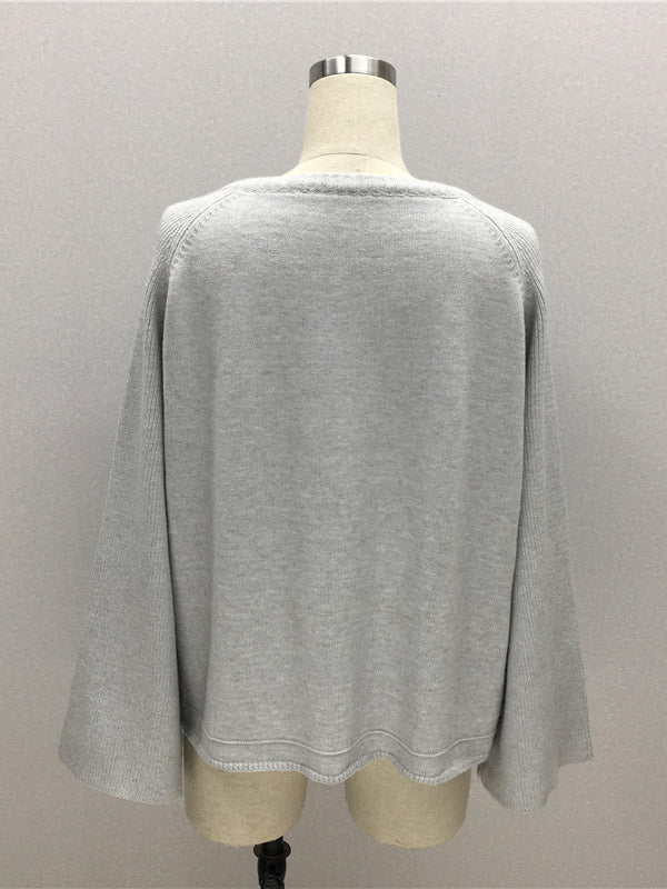 Casual Long Sleeves Loose Solid Color V-Neck Sweater Tops
