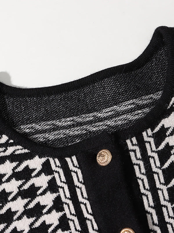 Long Sleeves Loose Contrast Color Houndstooth Split-Joint Round-Neck Cardigan Tops