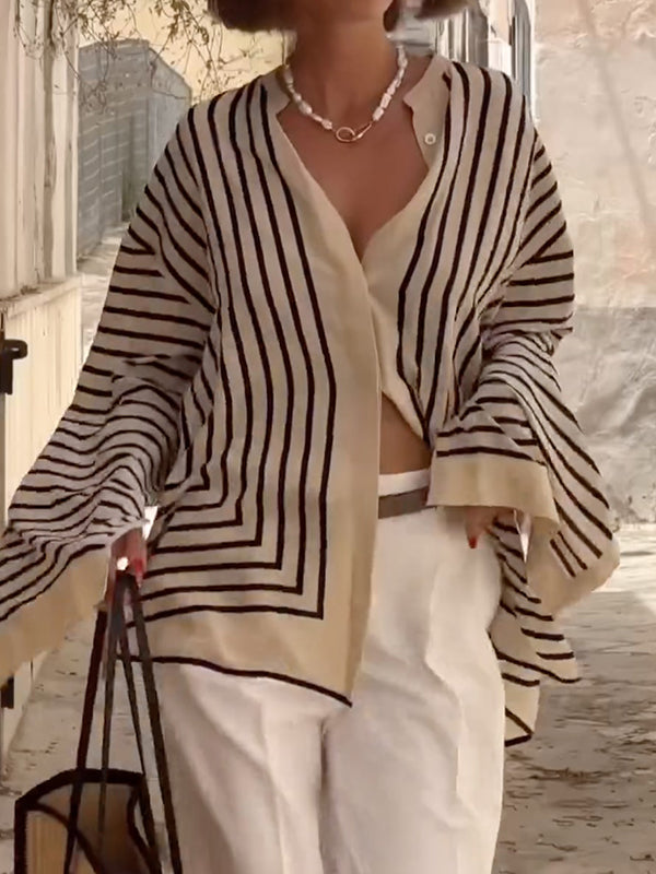 Buttoned Striped Long Sleeves Loose Stand Collar Blouses&Shirts Tops