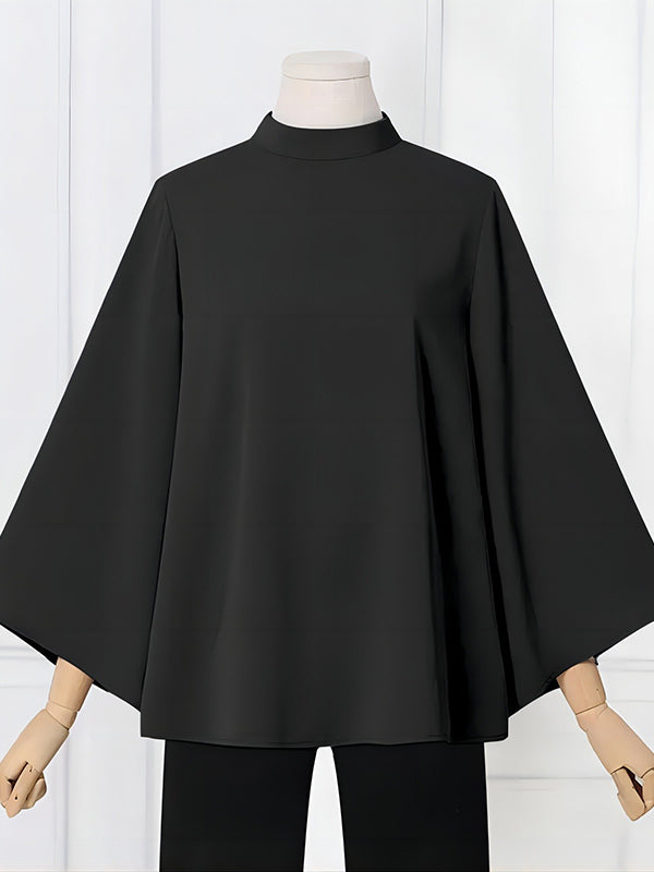 Solid Color Flared Sleeves Loose Stand Collar T-Shirts Tops