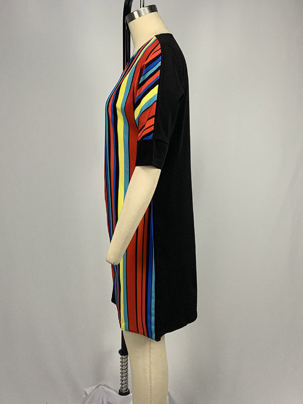 Asymmetric Contrast Color Striped A-line Half Sleeves Round-neck Mini Dresses