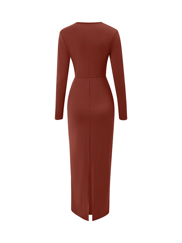 Bowknot Solid Color Bodycon Long Sleeves V-neck Maxi Dresses