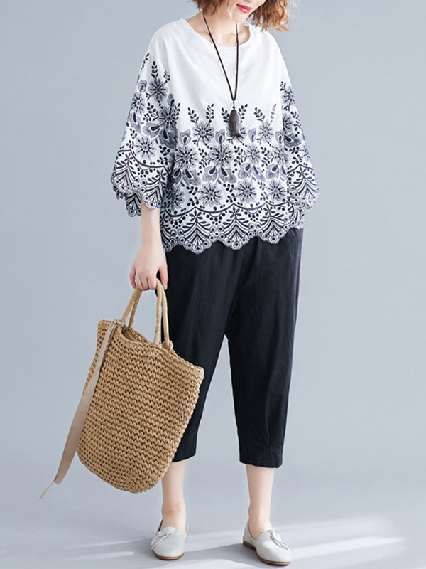 Hollow Print Loose Three-quarter Sleeves Round-neck Blouses&shirts Tops