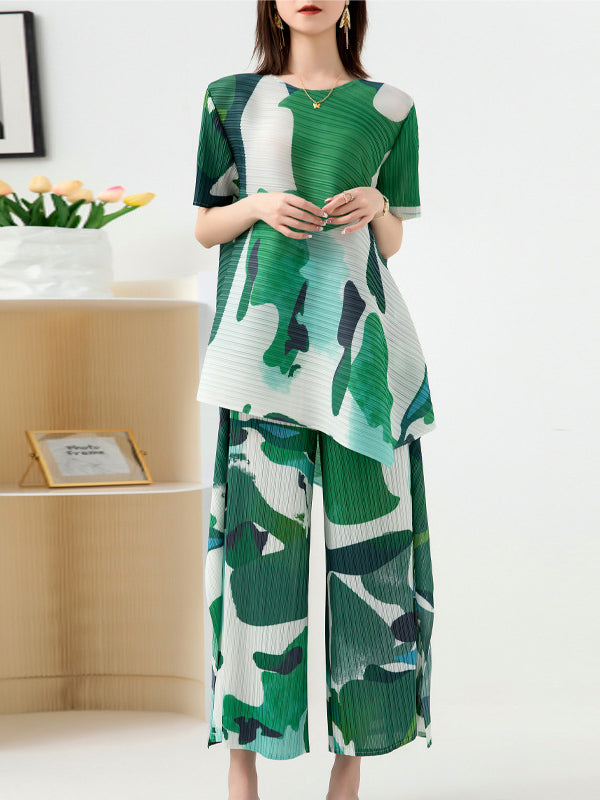 Original Loose Short Sleeves Contrast Color Printed Round-Neck T-Shirt Tops&Wide Legs Pants Two Pieces Set