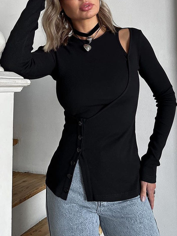 Asymmetric Buttoned Hollow Solid Color Split-Joint False Two Long Sleeves Round-Neck T-Shirts Tops