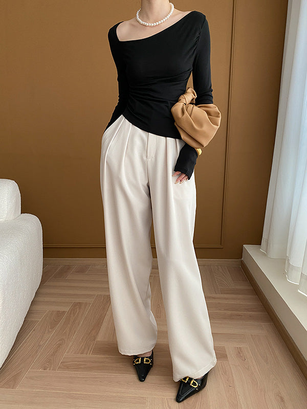 Solid Color Long Sleeves Skinny Asymmetric Collar T-Shirts Tops