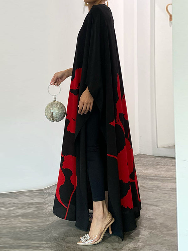 Flower Print Split-Side Batwing Sleeves Long Sleeves Round-Neck Maxi Dresses