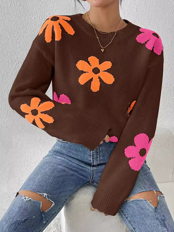 Contrast Color Flower Print Long Sleeves Loose Round-Neck Sweater Tops