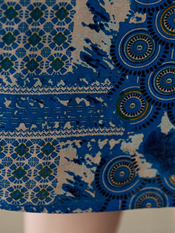 Original Loose Short Sleeves Contrast Color Printed Round-Neck Midi Dresses