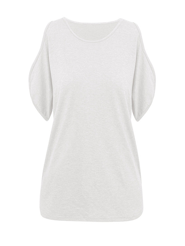 Hollow Solid Color Loose Short Sleeves Cold Shoulder T-Shirts Tops